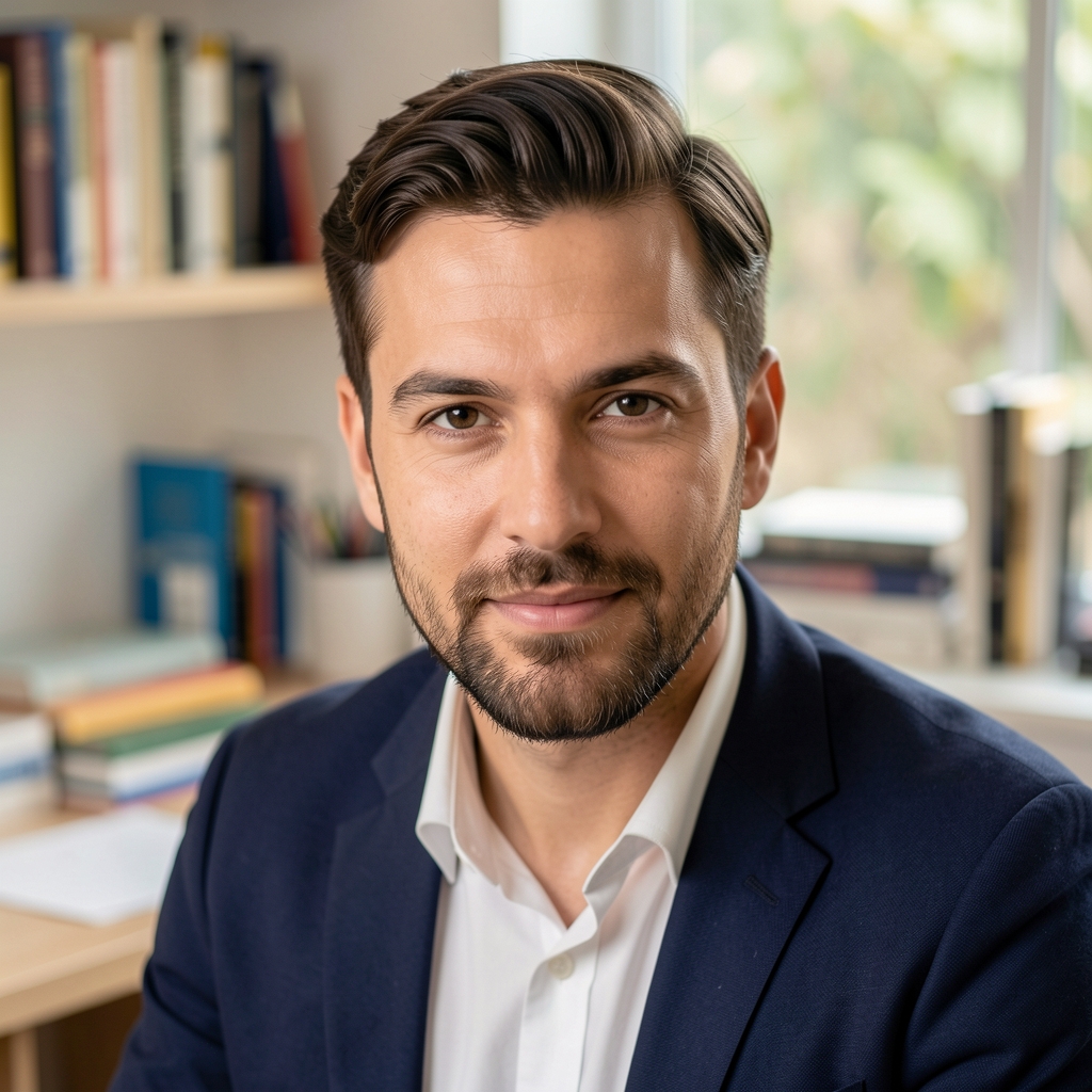 Editorial portrait of a man at a light studio desk, books in background, natural ambient light
