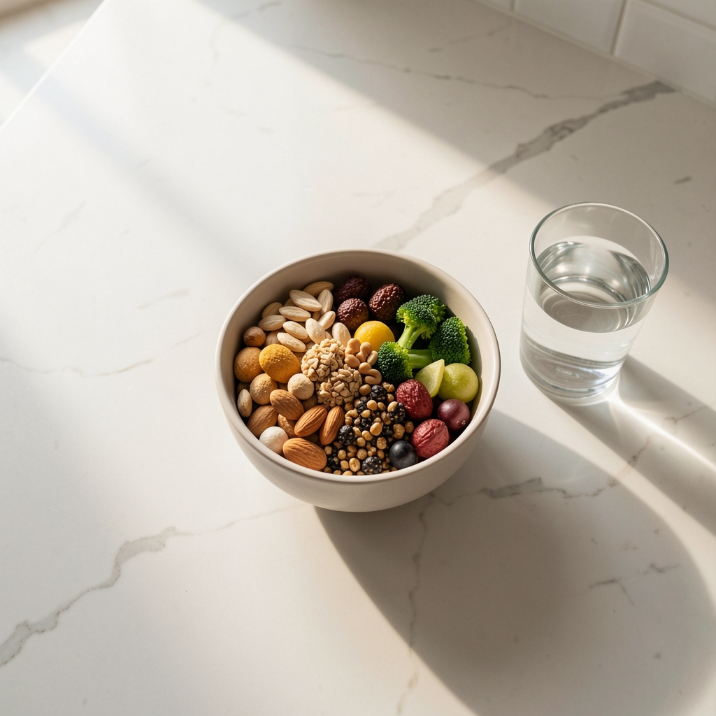 Kitchen counter at morning light with a bowl of whole foods and a glass of water, minimal composition overhead