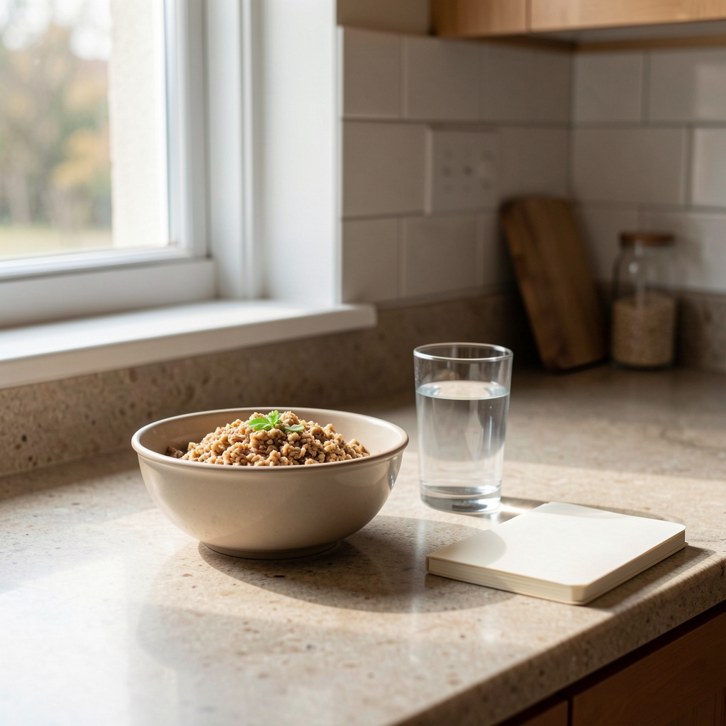 Morning kitchen counter with a bowl of whole-grain food, a glass of water and a small notebook beside the window in early daylight