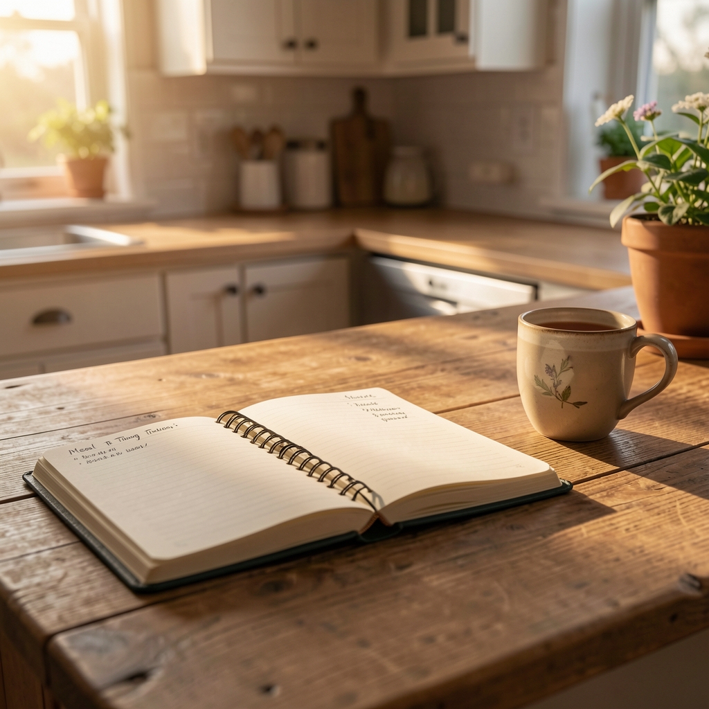 Meal timing notes in a journal on a kitchen table in warm evening light, food diary open beside a cup of herbal tea
