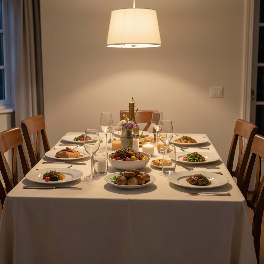 A dinner table set in the early evening with a light meal arranged on a pale tablecloth, soft lamplight overhead