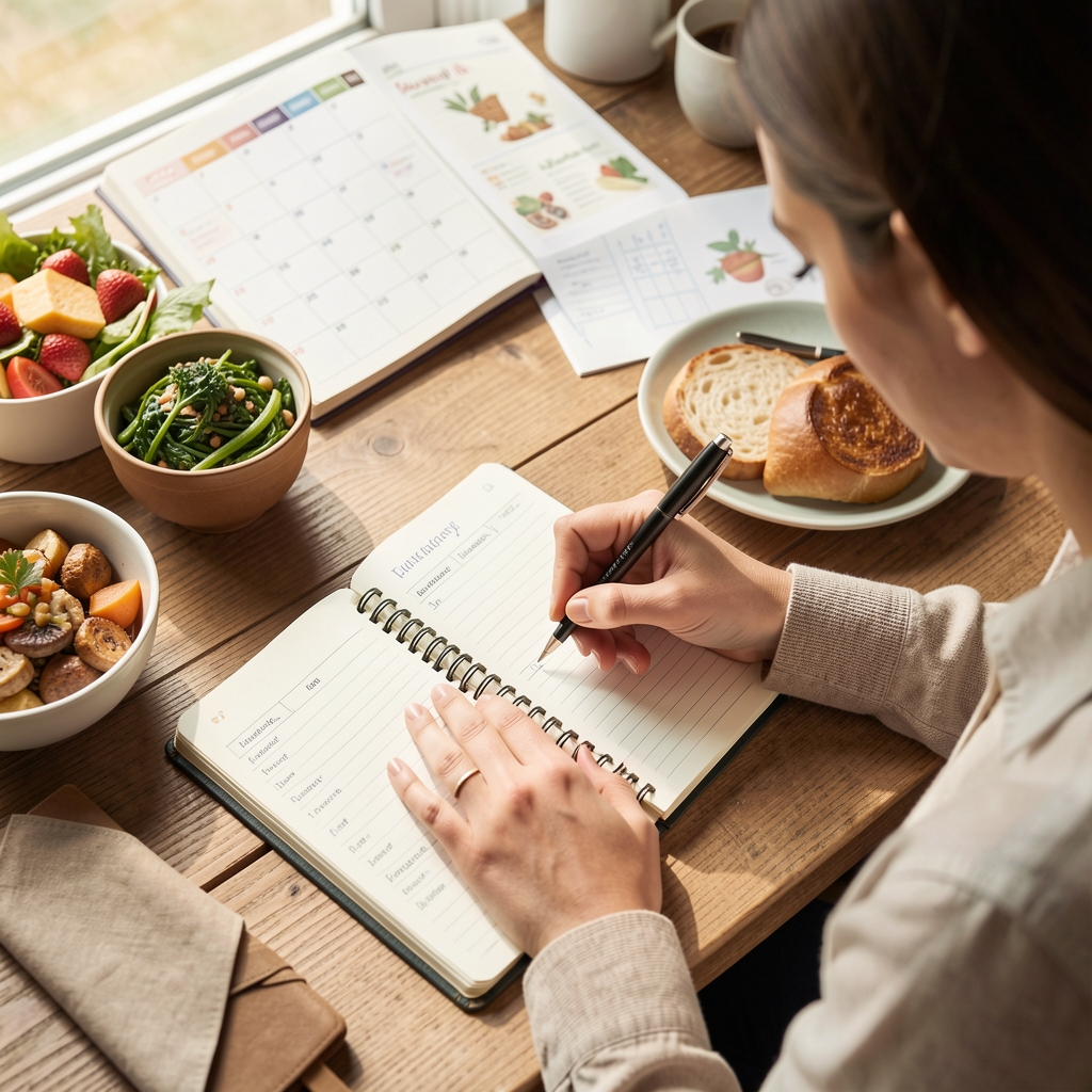 Person writing food schedule observations in a notebook at a desk in natural daylight, food and weekly planner visible overhead