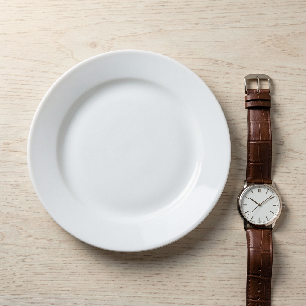 An empty breakfast plate on a pale wooden surface next to a wristwatch showing mid-morning time, overhead composition