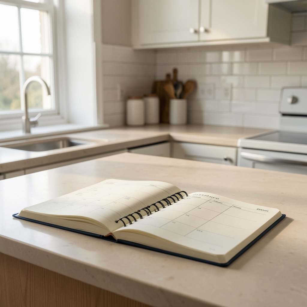 Food journal open on a wooden desk with a morning coffee cup beside it, natural window light casting soft shadows