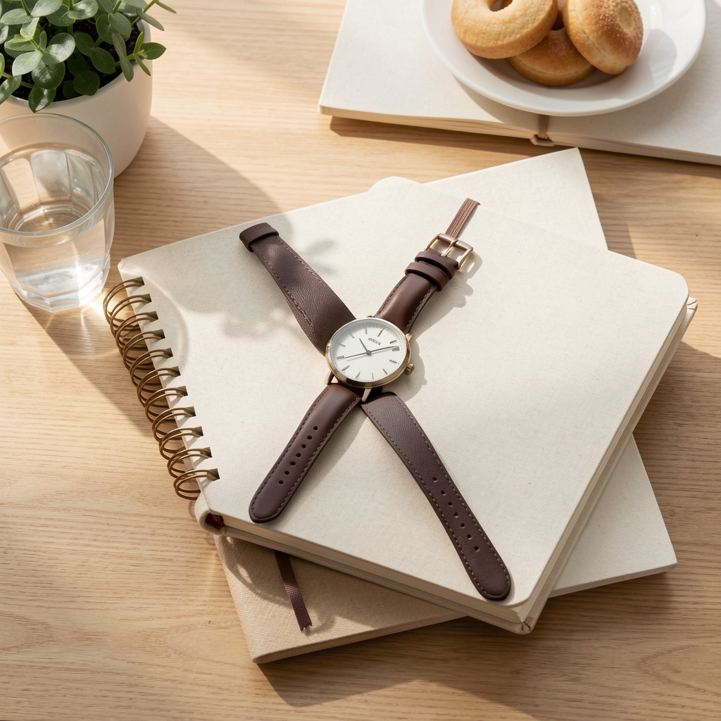 Open notebook with meal time entries written in neat handwriting on a pale wooden desk beside a pen and small plant